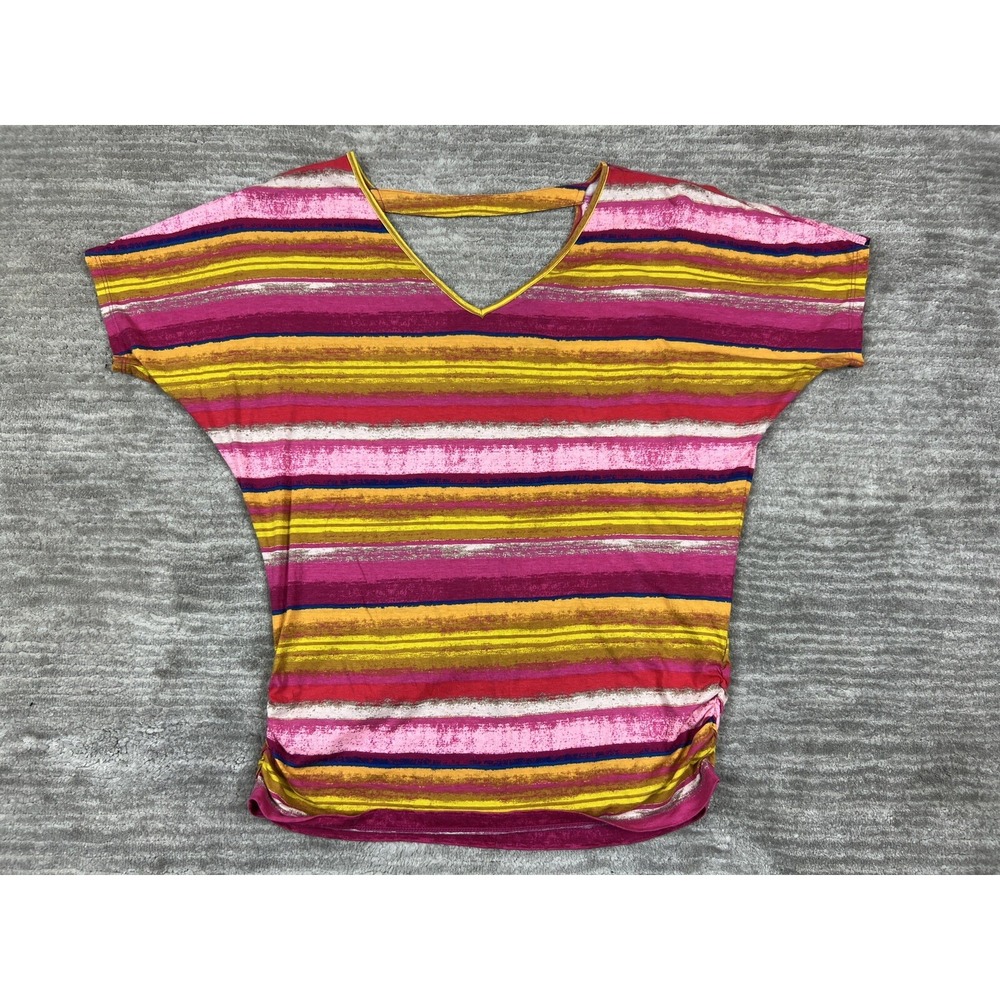 New Directions Weekend Top Women Medium Pink Striped Dolman V-Neck Ruched Casual